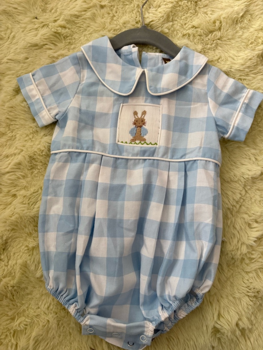 Classic Blue Gingham Baby One-Piece Bodysuit with Bunny Applique